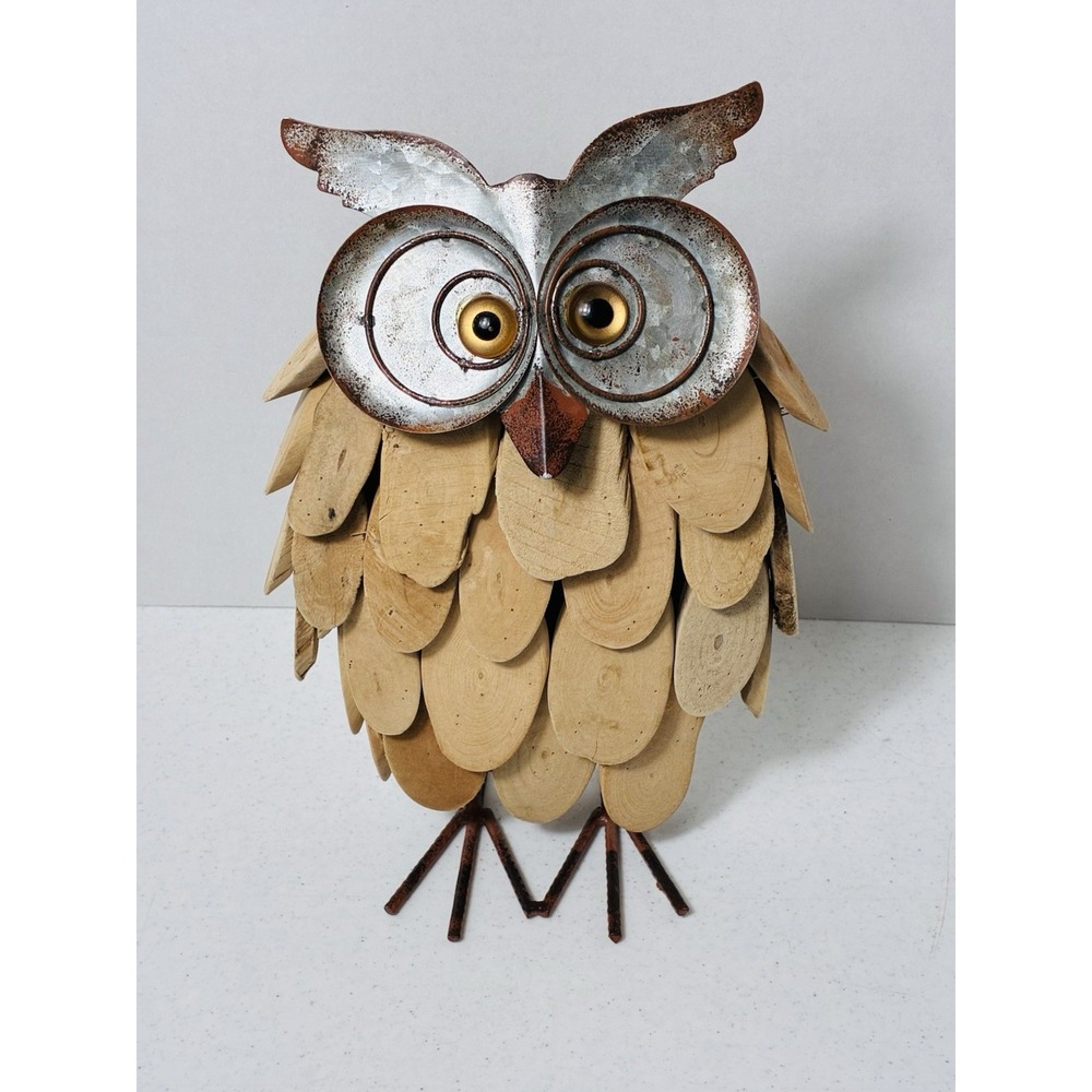 Hand Carved Wooden/metal Owl Rustic French Country Folk Art Free Standing 12"